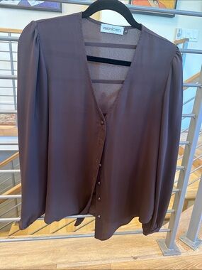 Veronica M. Chocolate Brown V-Neck Button Front Covered Blouse